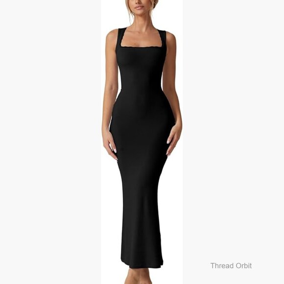 Dresses & Skirts - Sleeveless Maxi Dress Square Neck Lace Detail Ribbed Lounge Formal Slim Fit